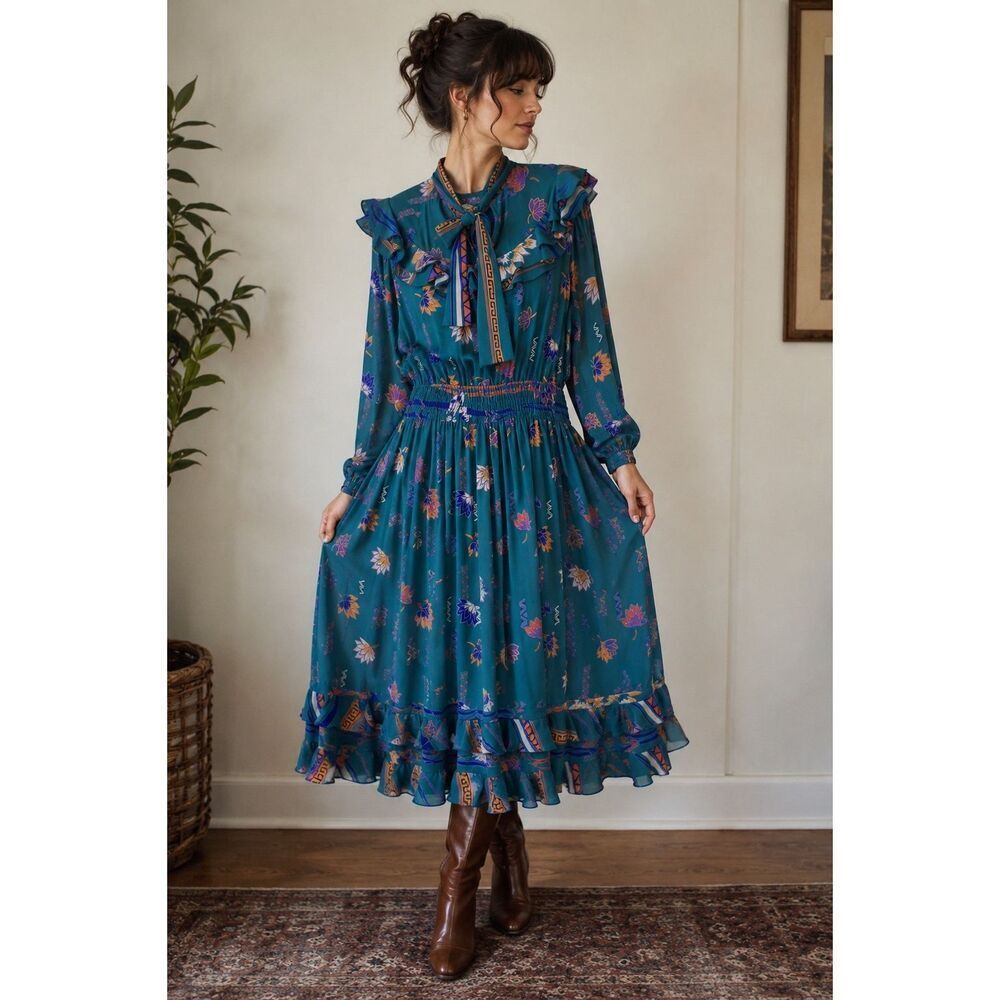 Diane Freis Women’s Vintage Rich Teal Floral Ruffle Shoulder Hem Neck Tie Detail